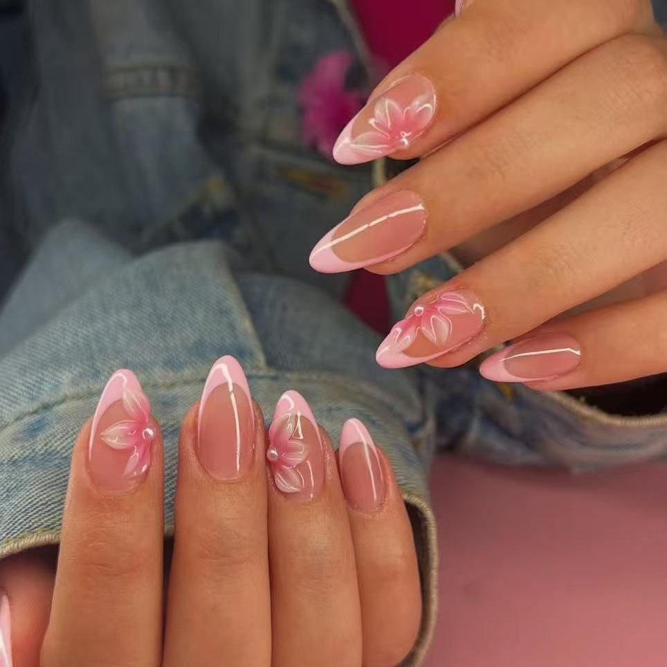 New 24-Piece Manicure 3D Three-Dimensional Relief Flower Classic French Pearl Long Almond Wearing Armor Jelly glue + rubbing strips