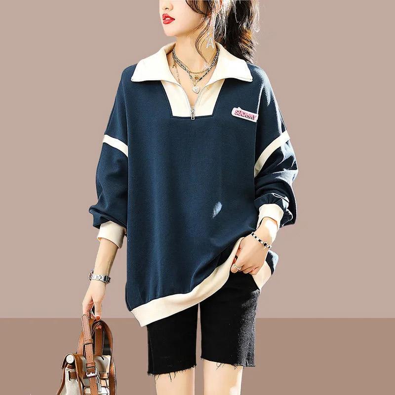 

Топы для женщин больших размеров, осенний свитер с v-образным вырезом и застежкой-молнией, женский свободный свитер средней длины, повседневные топы в стиле «сотня» M синий