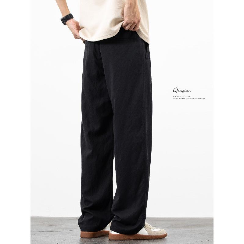 Light blue linen pants men's loose straight summer thin breathable trend versatile youth black casual trousers