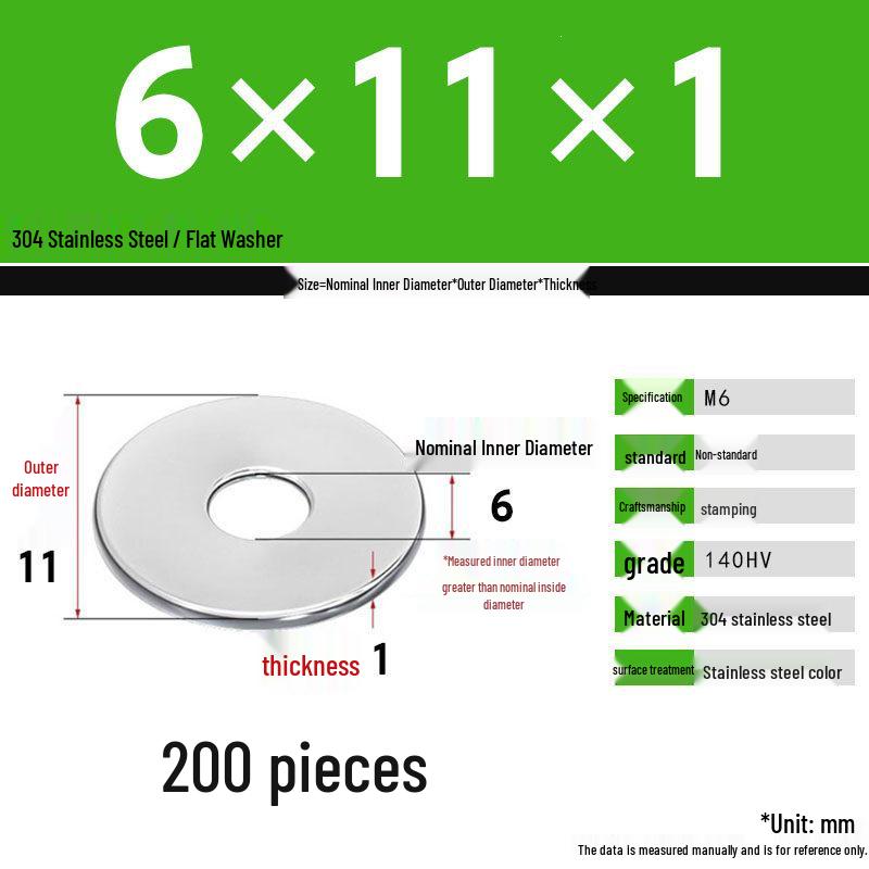 304 Stainless Steel Thickened Flat Washer Set, Sizes 2-36