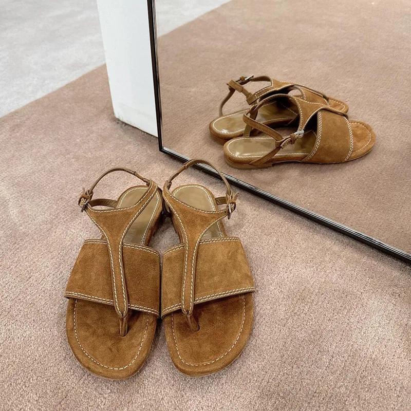 Fashion Faux Suede Clip Toe Flat Sandals Women 2025 Summer Ankle-Wrap Roman Flat Shoes Luxury Metal Buckle Strap Women Slippers