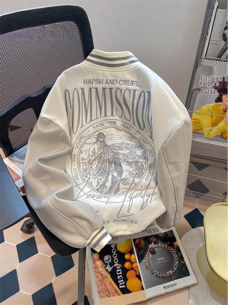 Men's Autumn/Winter Loose Fit Baseball Jacket with American Embroidery and Leather Sleeves