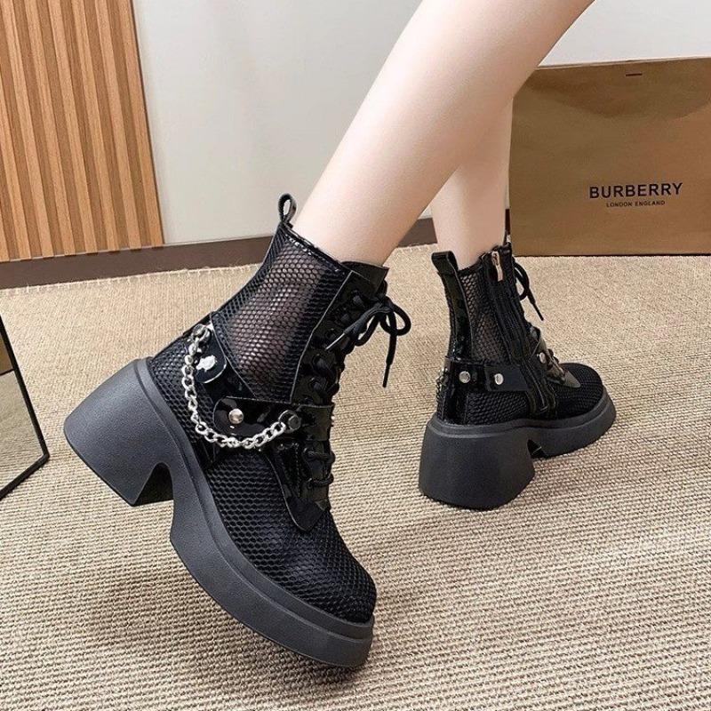 Women'S Fashion Cool Boots Fashion Round Head Mesh Breathable Front Lace-Up Metal Chain Waterproof Platform Heels
