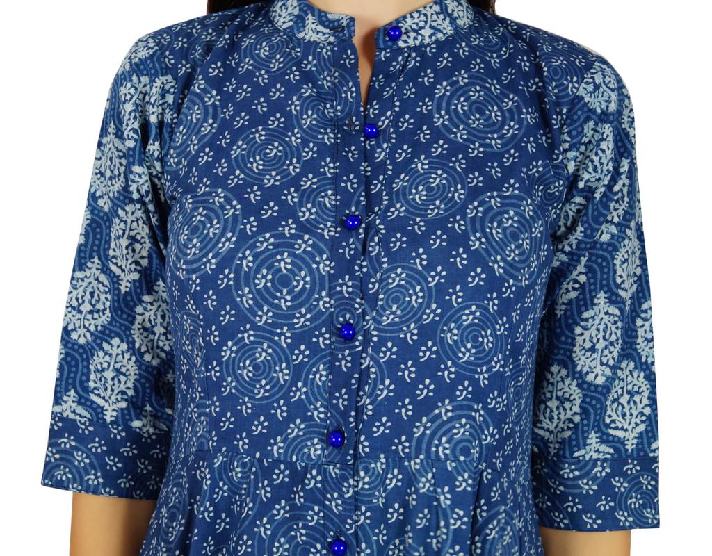 Bimba Womens Kurta Designer Kurti Mandarin Collar Block Print Chic Fashion
