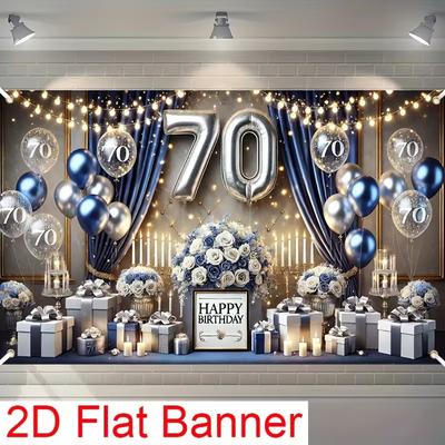 2D 70. Geburtstag Kulisse, Blau Silber Vorhang & Ballon Thema Fotokabine Banner für 70. Geburtstag Party Deko