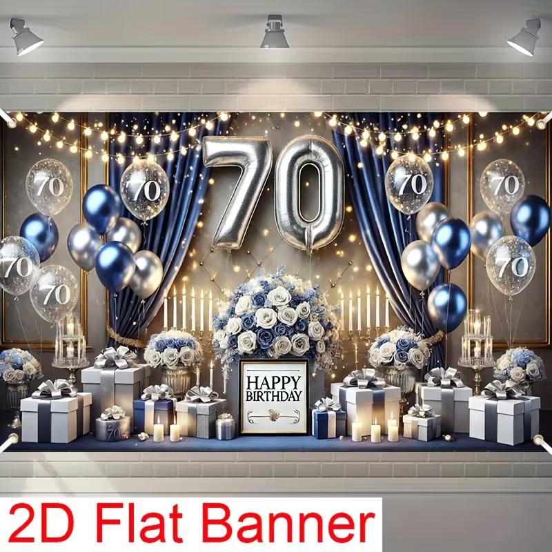 

2D 70th Happy Birthday Photography Backdrop Featuring Large Silver 70 , Blue Flowers & Balloons Banner 47.2x31.5inch/120*80cm
