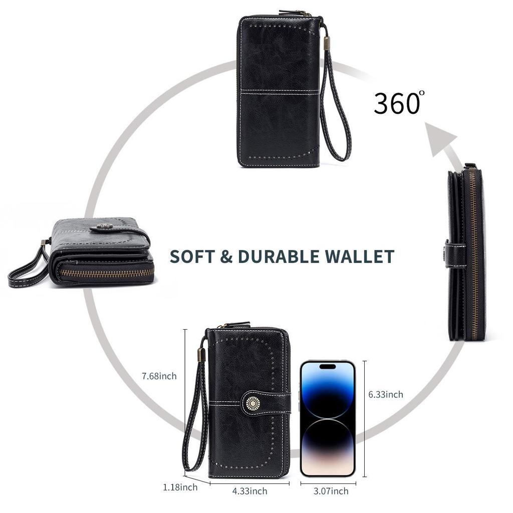 Oil Wax Cowhide Long Wallet: Genuine Leather Large-Capacity Anti-Theft Wallet for Women