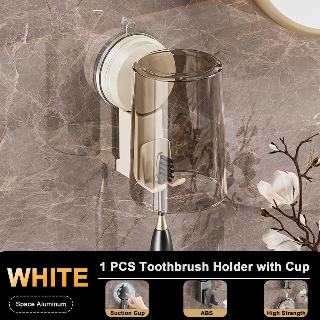 Držák na zubní kartáčky s přísavkou a dávkovačem, police do koupelny bez perforace, kelímek na ústní vodu, držák na zubní kartáčky, dezinfekční prostředek na zubní kartáčky