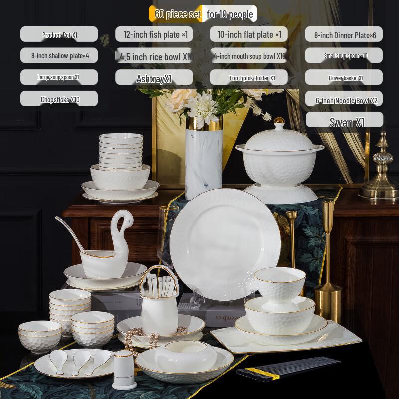 

Jingdezhen Ceramic Dinnerware Set with Gold Rim - Water Cube Design