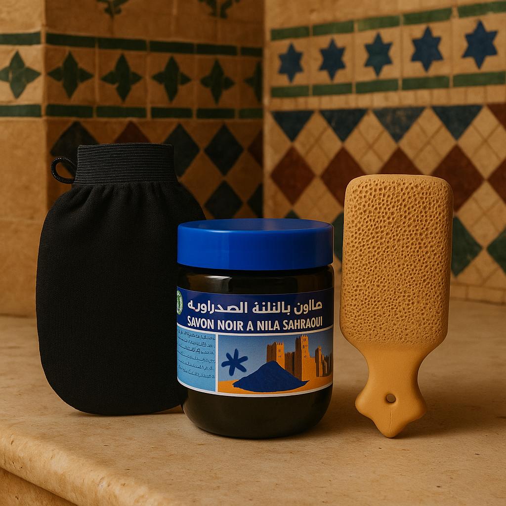 Black Soap with Nila 200g + Kessa Glove + Pumice Stone – Skin Brightening Moroccan Spa Set