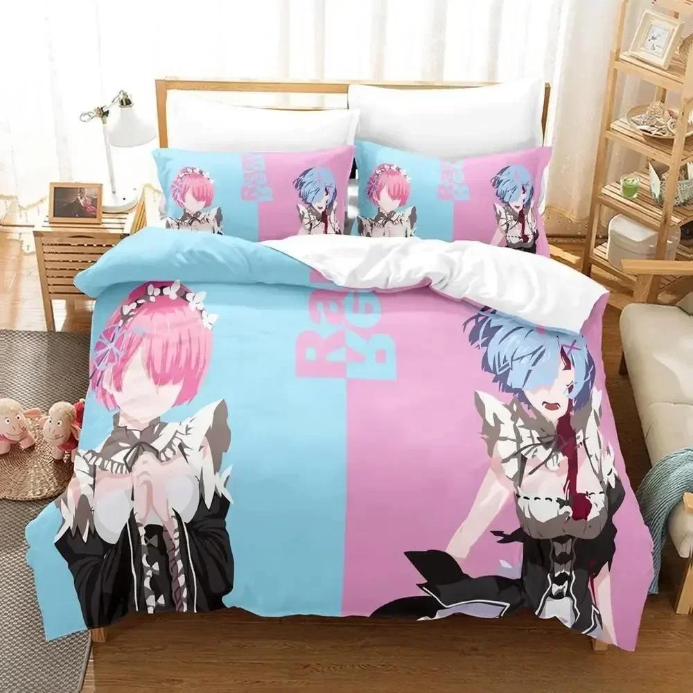 New Re Zero Rem Ram Bedding Set Cartoon Anime Three-piece Set Adult Kid Bedroom Duvet Cover Sets 3D Kawaii Girl Home Textile