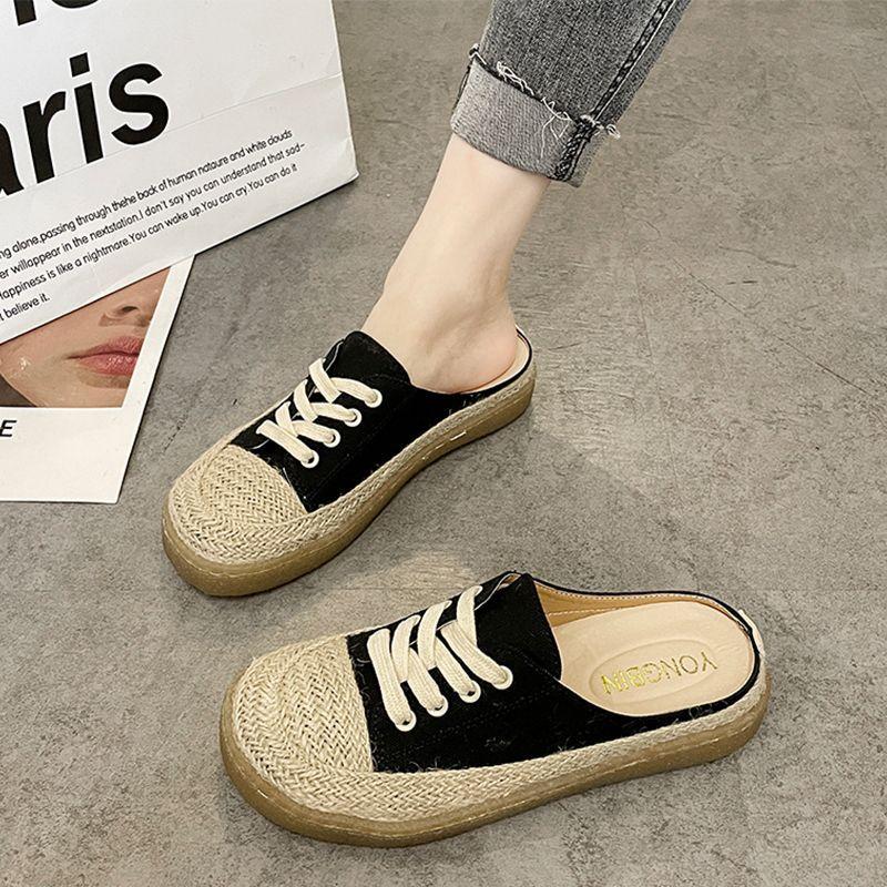 Baotou half slippers women's summer wear without heel strap leopard print fisherman shoes flat bottom half support single shoes straw cold slippers