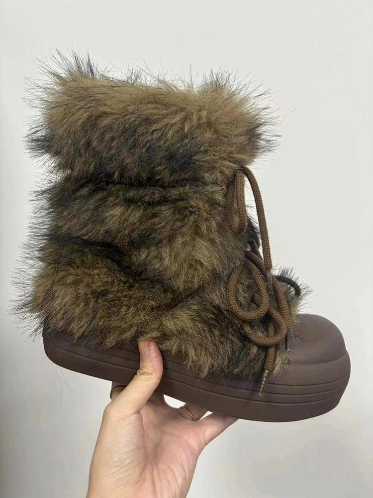 Cowhide version snow boots women's new winter big head thick sole piled and thick fluff outer wear warm cotton shoes