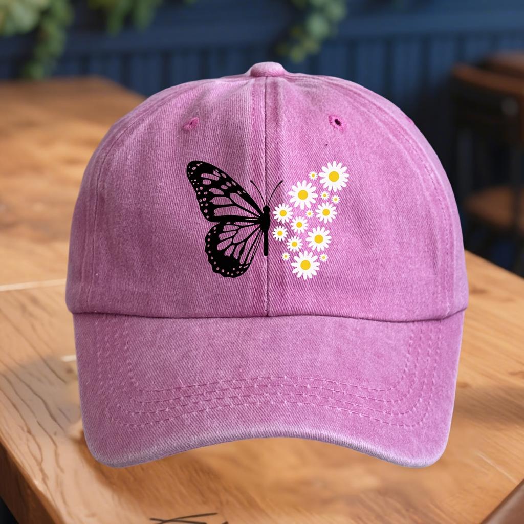 Ladies' adjustable baseball cap with butterfly and daisy floral print, soft, breathable, fashionable and casual headwear to wear