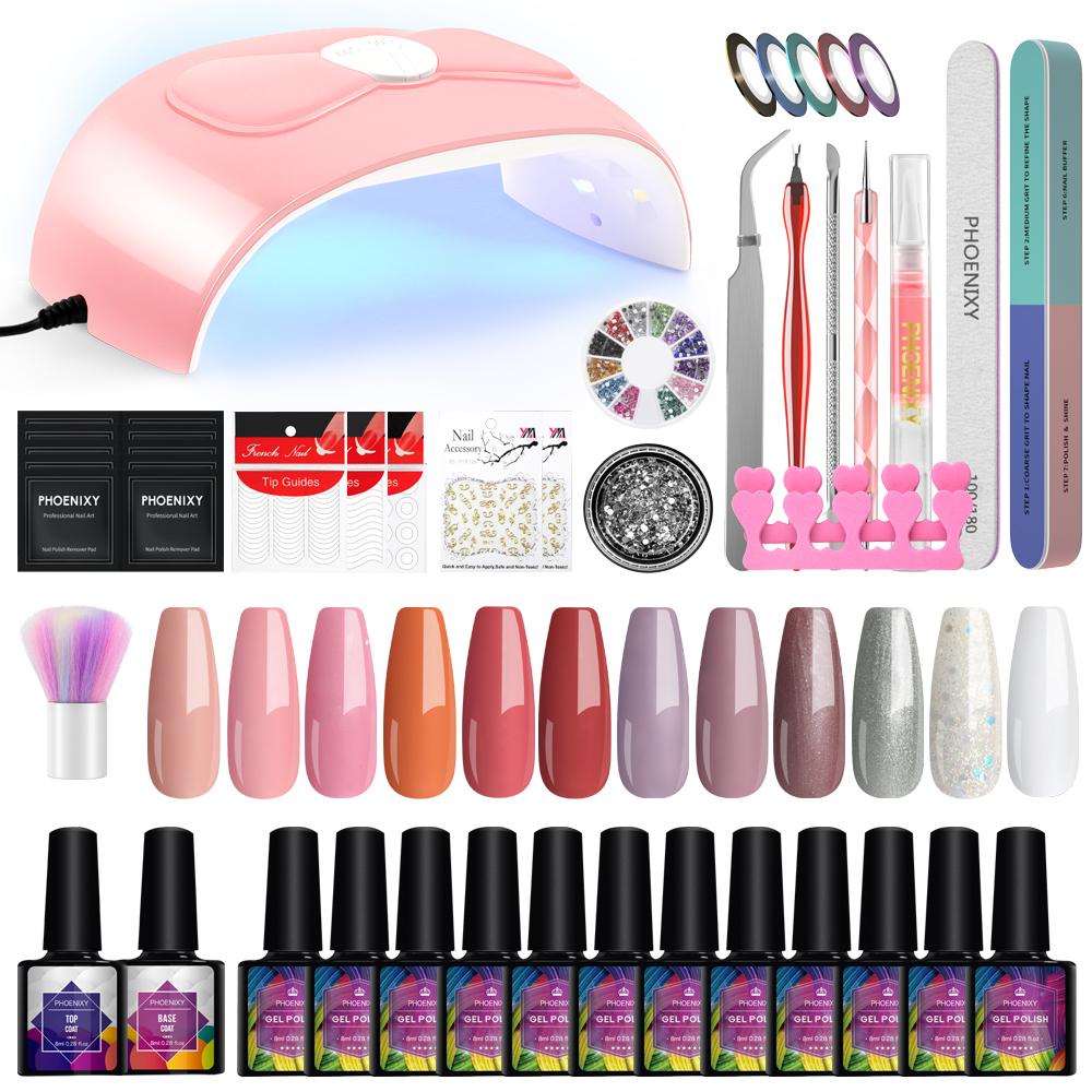 

PHOENIXY Профессиональный набор для ногтей набор гель для ногтей с 54W UV лампой для ногтей для всех сушки гель лак для ногтей Маникюр Набор инструментов для ногтей
