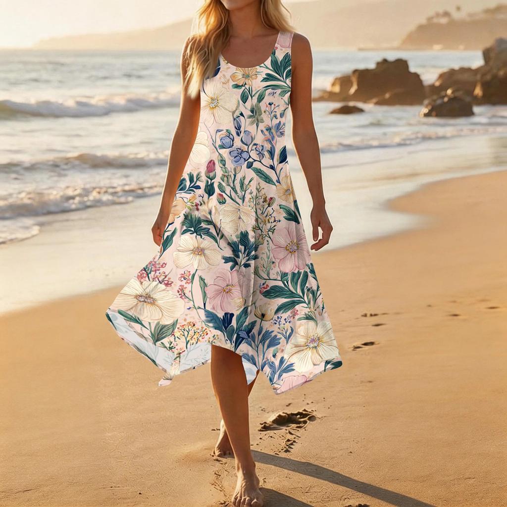 Women's Casual Sleeveless Floral Print Dress Round Neck Irregular Hem Mid-Length Dress Lightweight Summer Dress