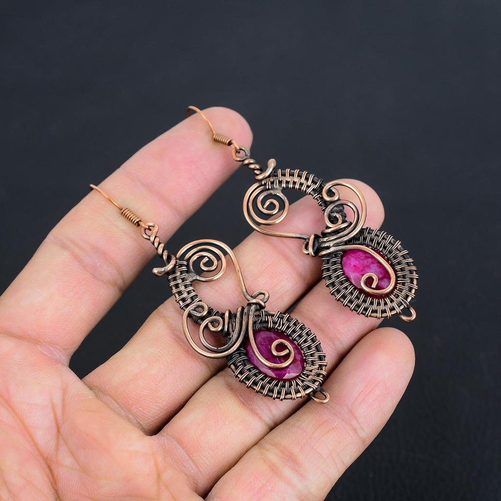 Ruby Earrings, 999 Copper Wire Wrapped Gemstone Jewelry, Handmade Earrings Amazing Jewelry, Gift For Her