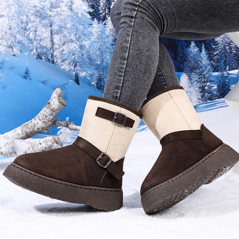 Fashion Fashion Mixed Color Platform Snow Boots Women Faux Suede Thick Plush Ankle Boots Woman Buckle Decor Thick Sole Cotton Shoes