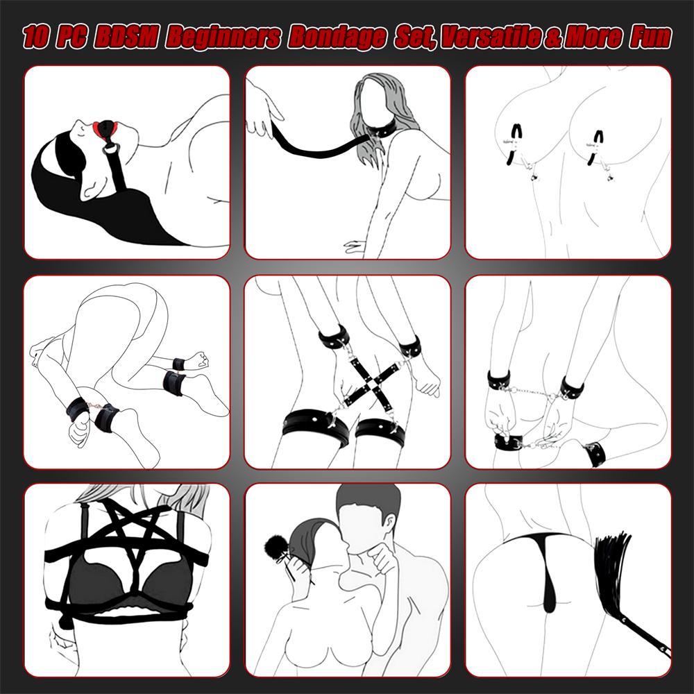 Handschellen Fesselung Bondage Ausrüstung Erwachsen Erotische Spiele 10-teiliges Sexspielzeug Set Bein Fessel Manschette Knebel Mund Nippelklemme Flirt Teaser