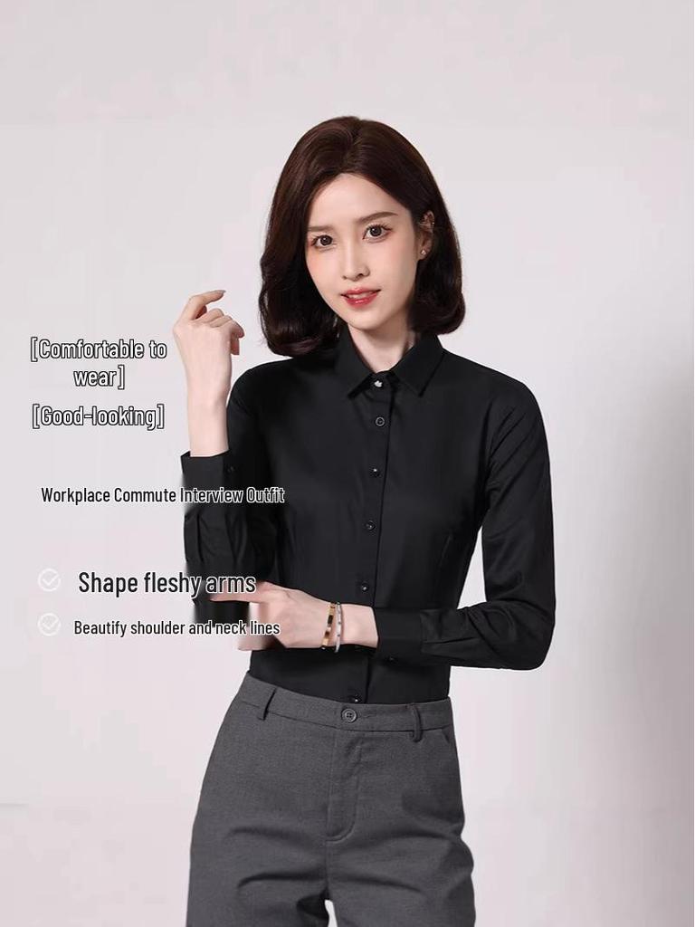Women's Long Sleeve Professional White Stretch Shirt for College Students and Teachers