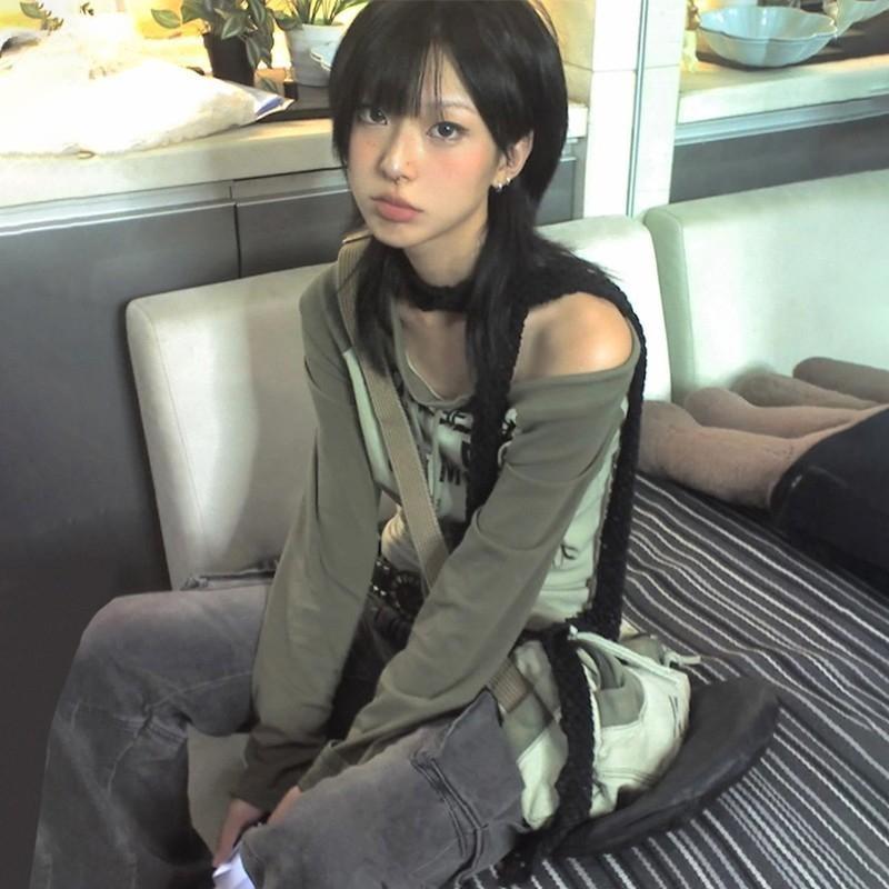 2KWEIRD Japonské Y2k Tričko s odhalenými rameny Grungeová estetika Graffiti potisk Tričko s dlouhým rukávem Vintage Harajuku Streetwear 90s