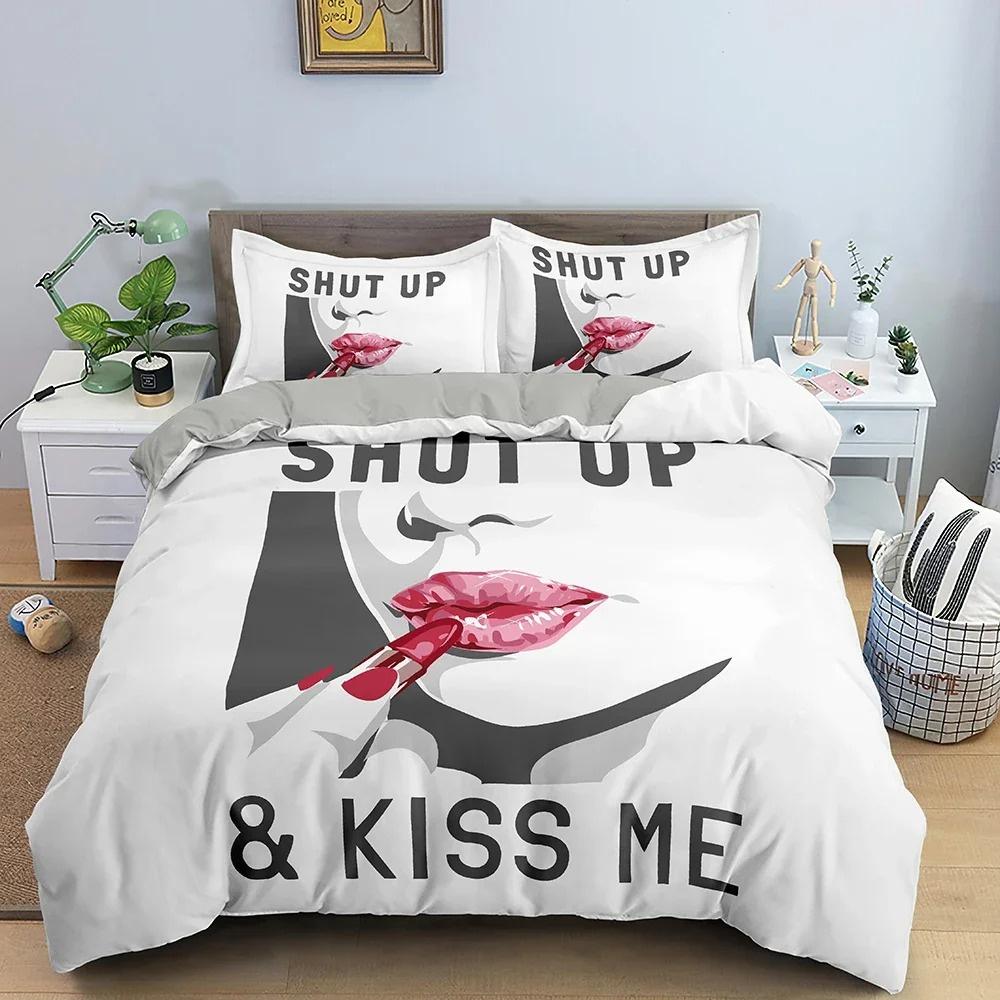 Liebeskuss Bettbezug Set Persönlichkeit Bettwäsche Set für Mädchen Schlafzimmer Einzelbett Doppelbett Queen Size King Size Bettdeckenbezug mit Kissenbezug