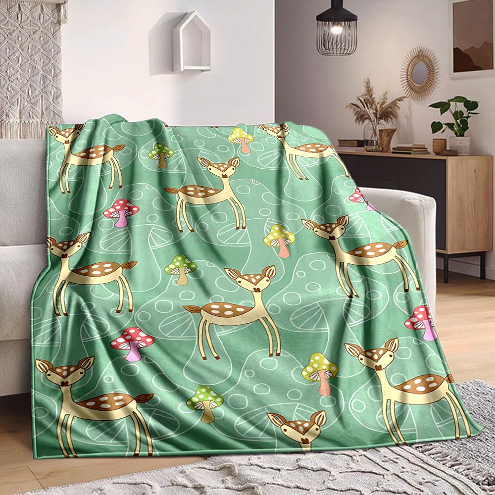 1pc Deer Mushrooms Lightweight Flannel Blanket, Comfortable and Warm Blanket, for Office and Camping Sofa Bed, Livingroom180