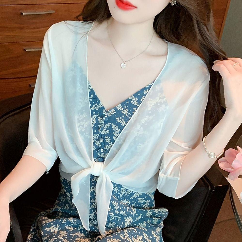 Women Thin Short Cardigan Summer Sun Protection Clothing New Half Sleeve Chiffon Shawl