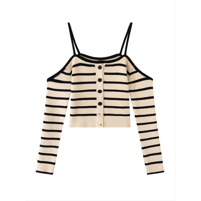 

Уникальный и отличительный полосатый вязаный свитер с открытыми плечами, с новым чувством дизайна, облегающий короткий топ с длинными рукавами One size абрикосовый