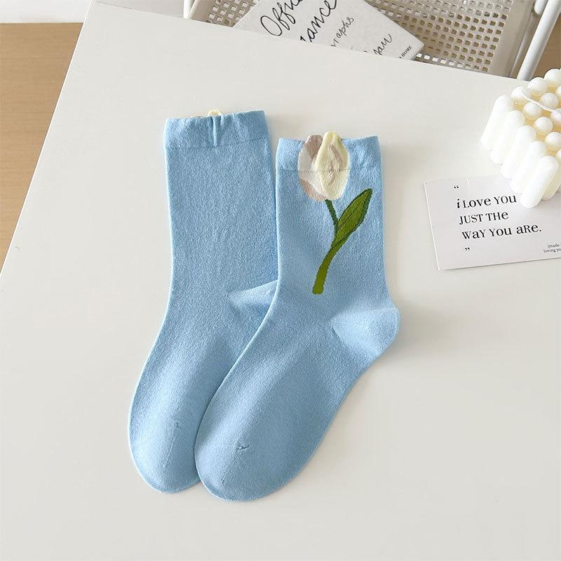Women's Spring and Summer Mid-calf Socks, Three-dimensional Flower Pile Socks, Versatile and Sweet Tulip Flower Student Socks