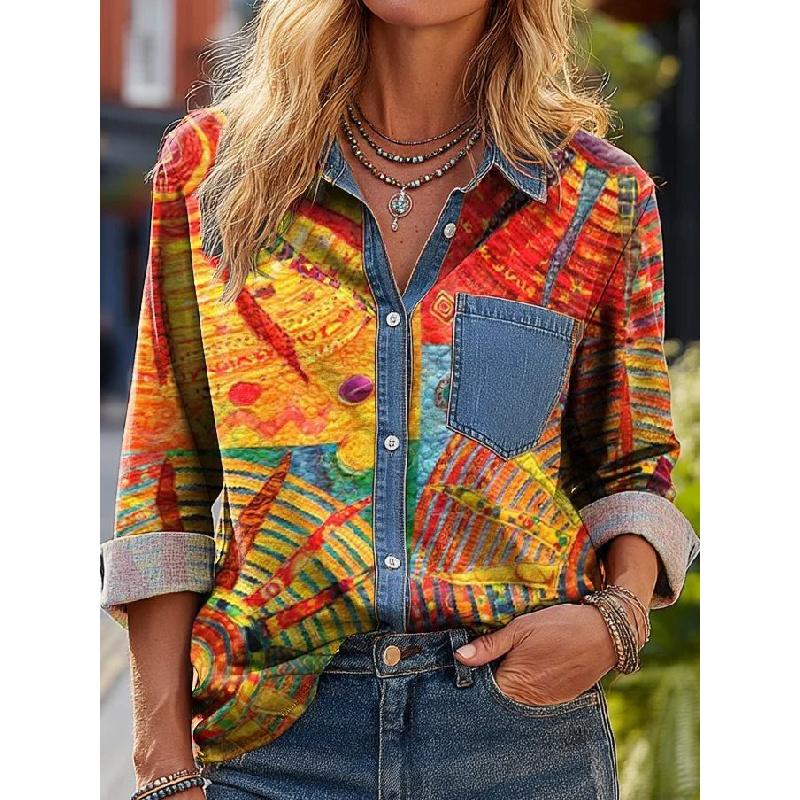 2026 Fashionable Versatile Printed Patchwork Women's Casual Long Sleeve Shirt 2026 Spring New Style