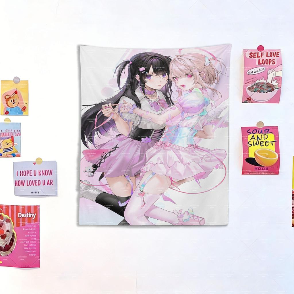 Kawaii Anime Girls Tapestry Pastel Pink Angel Dark Girl Wall Hanging Y2K Aesthetic Bedroom Dorm Decor for Fans