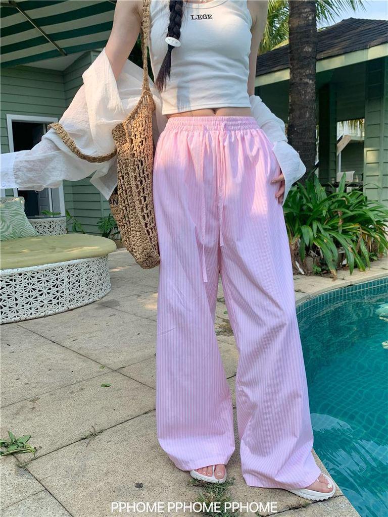 Korean Style High Waist Striped Wide-Leg Pants for Women - Spring & Autumn 2025