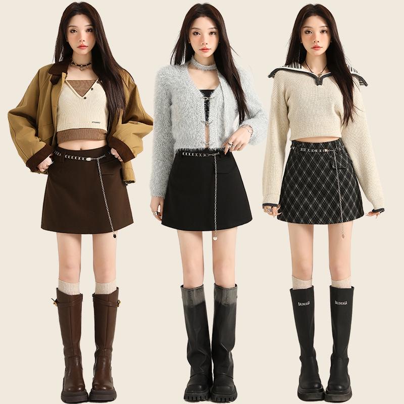 Women's 2026 Retro Plaid Woolen Chain High-Waist Bodycon A-line Skirt