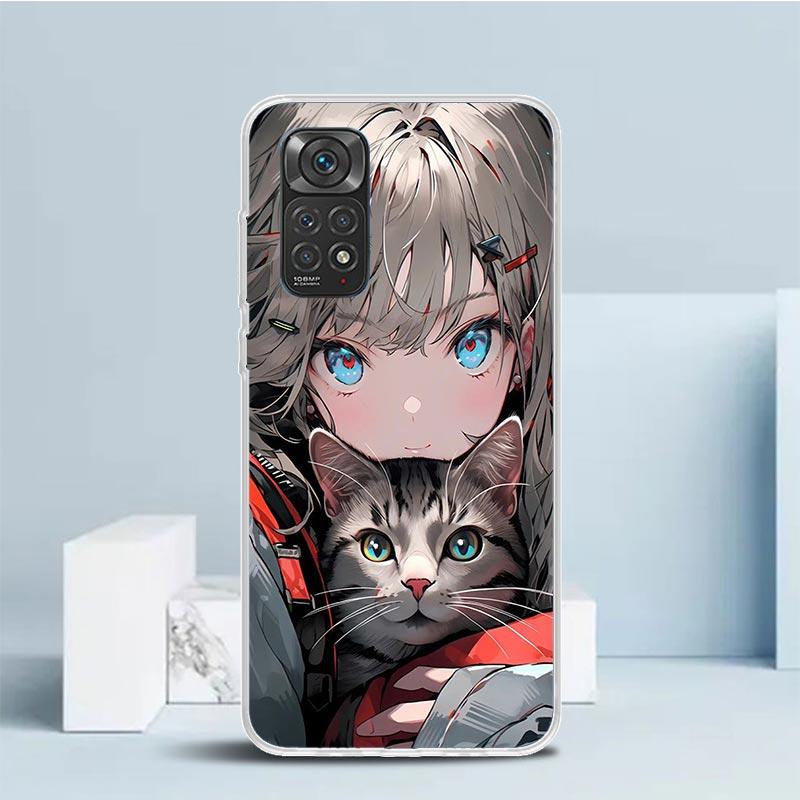 Anime Girls Cute Black Cat Phone Case For Xiaomi Redmi Note 15 14 14S 13 12S 12 Pro Plus 11S 11 11T 11E 10S 10 + Soft TPU Back C