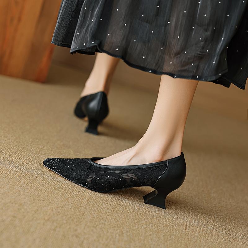 NEW Spring/Autumn Women Pumps Mesh Fabric Shoes for Women Square Toe Chunky Heel Shoes Concise High Heels Buckle Black Shoes