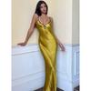 Fashion Silm Elegant Fancy Satin Sling Dress V Neck Hollow Out Strap Bare Back Slim Fit Long Dress Women