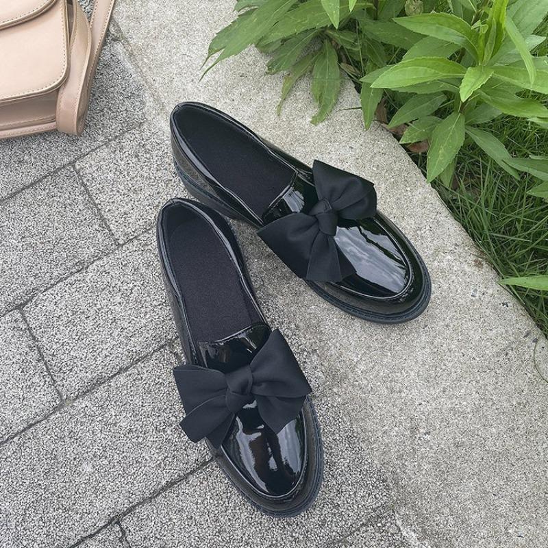 New Women Loafers Bowtie Slip On Shoes Female Boat Black Oxford Footwear Casual Patent Leather Autumn Lolita Zapatos Mujer