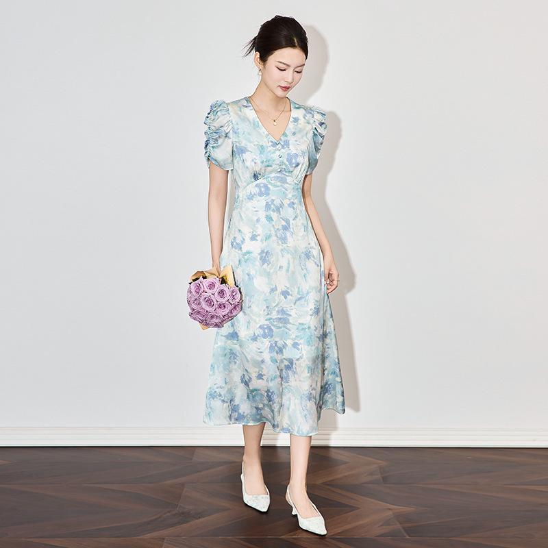 

Elegant High Waist French Jacquard Print Summer Dress for Women Extra Large синий