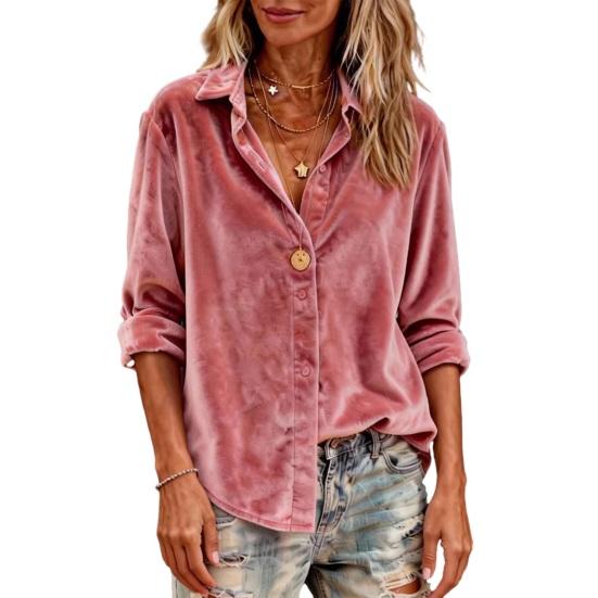 Women Shirt Lapel Long Sleeve Single Breasted Cardigan Shirt Solid Color Loose Fit Velvet Shirt Spring Autumn Daily Wear