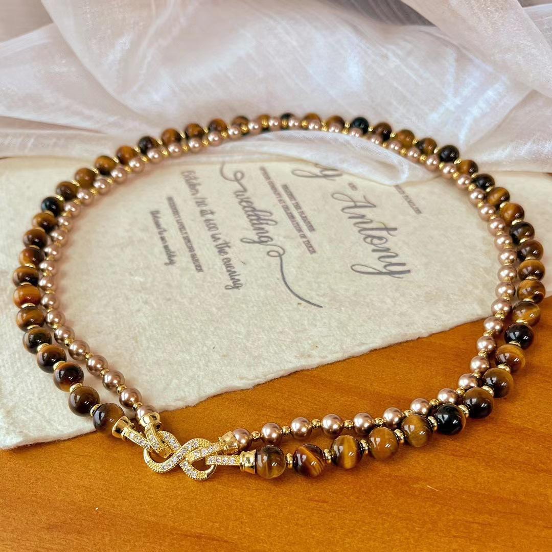 

Vintage High-Quality Natural Tiger S Eye Stone Shijia Coffee Pearl Double-Layer Necklace Maillard Style Autumn And Winter New