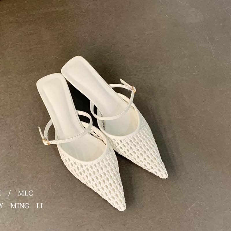 Fashion SUOJIALUN 2025 New Brand Women Slipper Fashion Weave Pointed Toe Slip On Ladies Mules Shoes Thin Low Heel Outdoor Dress Sandals
