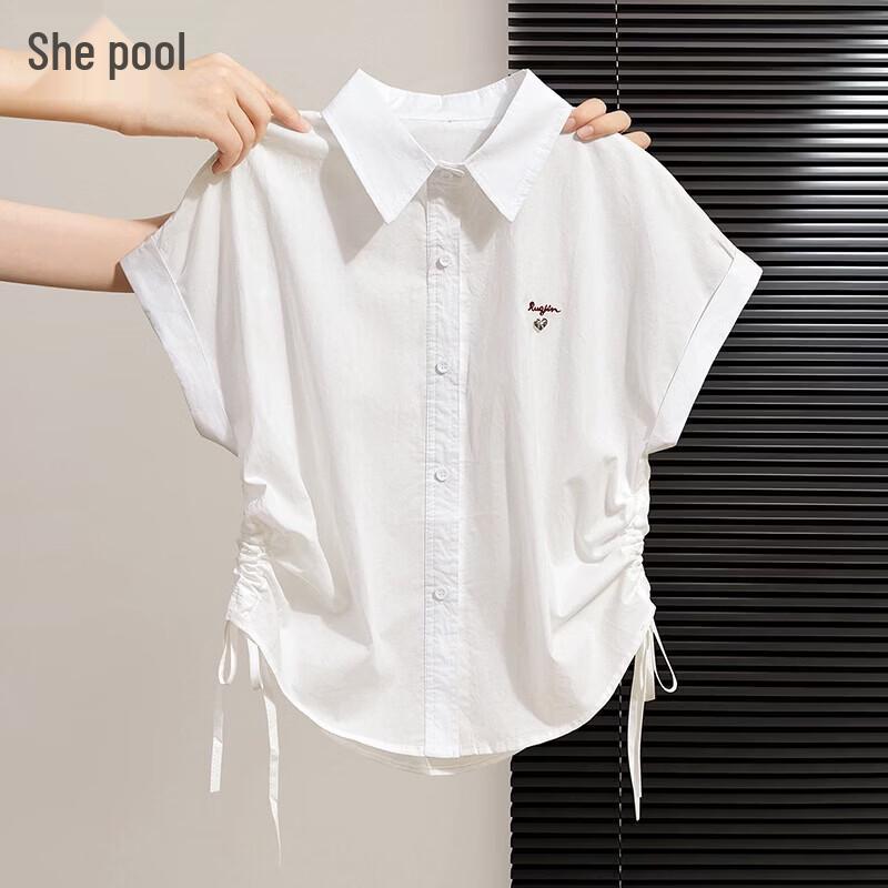 Women s Elegant Embroidered Lapel White Shirt One Size