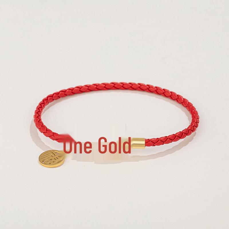 Fu Brand Leather Bracelet with Gold Buckle and Lucky Beads for Men, Women, Couples