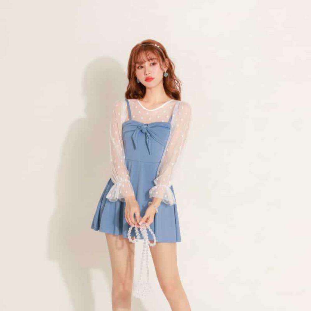 Swimsuit ins Swimsuit Ladies Conservative Dress Sexy Dot Lace Long Sleeve Hot Spring Swimsuit Jumpsuit S [recommended 35-42.5kg ] озеро синий