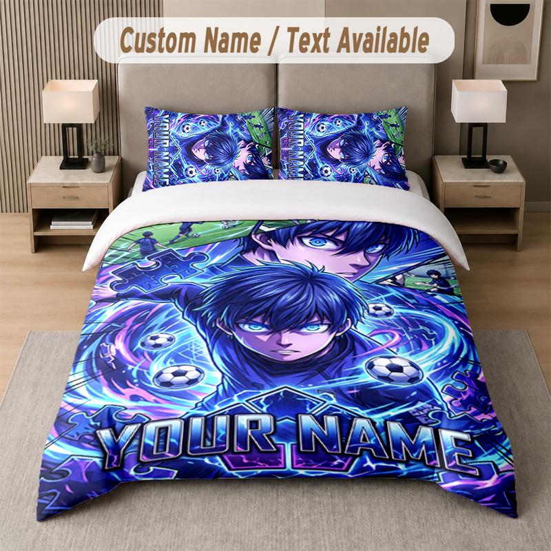 Blue Lock 3Pcs Bedding Set, Personalized Custom Name Text, 1 Duvet Cover & 2 Pillowcases For Bedroom