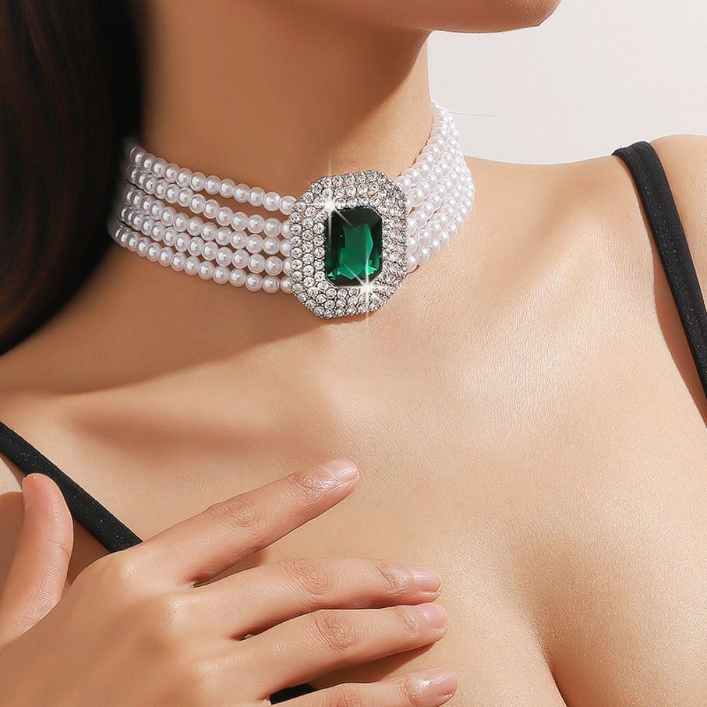 Five Layer Pearl Multilayer Necklace Charm Women Choker Luxury Rhinestone Necklace  Girls