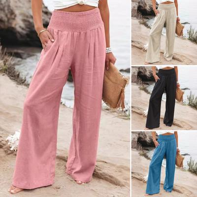 Pantalones de Mujer Plisados Elásticos de Cintura Alta Pierna Ancha con Bolsillos Color Liso