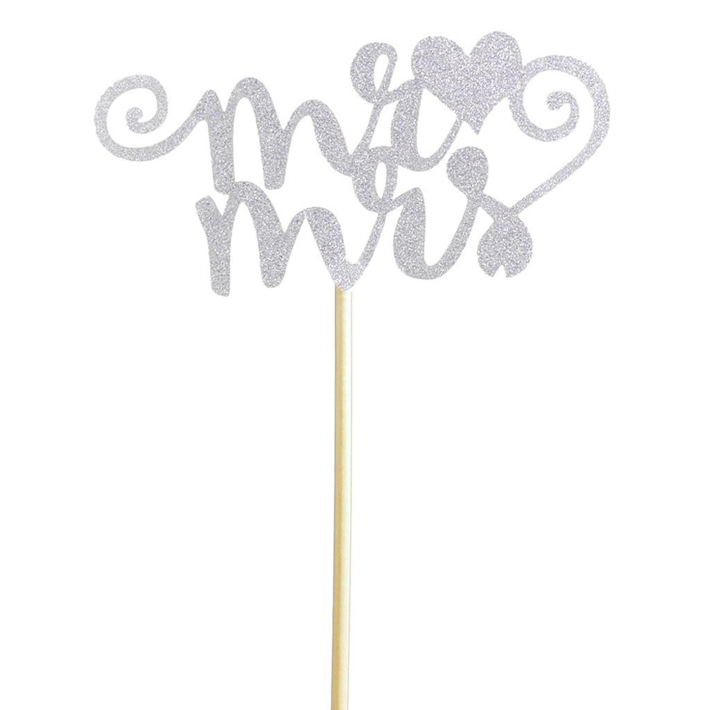 

20pcs/set Glitter Paper Wedding Mr & Mrs Heart Cake Cupcake Topper Pick Decor for Wedding Party Anniversary Accessories серебряный