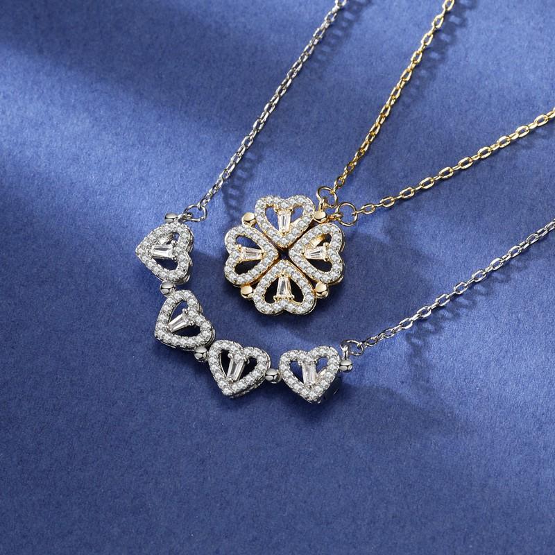 Four Leaf Clover Necklace Women 2-in-1 Heart Pendant Minimalist Elegant Clavicle Chain